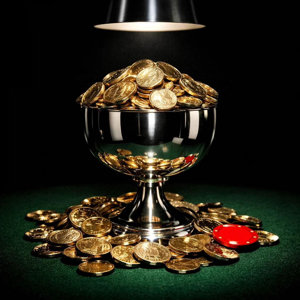 Gouden munten cascade op zwart fluweel met rood licht